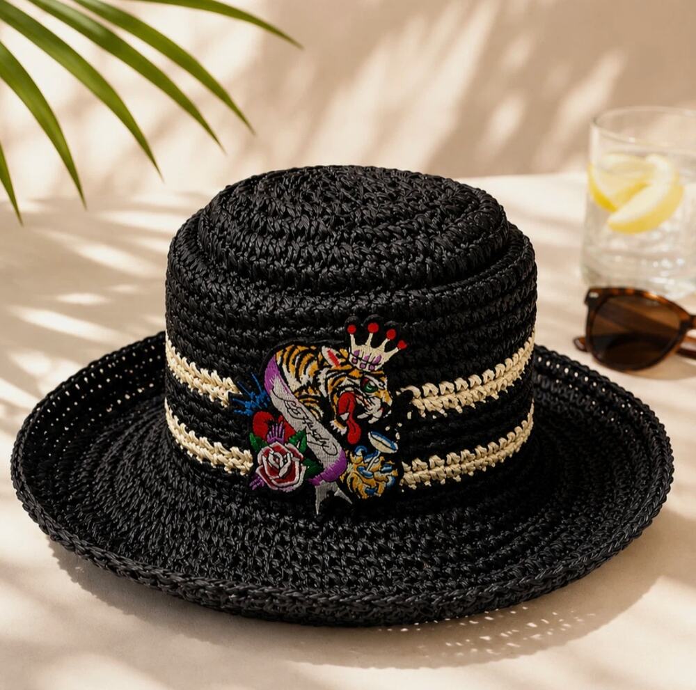Ed Hardy Black Straw Sun Hat Tiger Embroidered, NEW